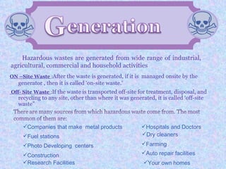 Hazardous wastes are generated from wide range of industrial,
agricultural, commercial and household activities
ON –Site Waste :After the waste is generated, if it is managed onsite by the
   generator , then it is called ‘on-site waste.’
Off- Site Waste :If the waste is transported off-site for treatment, disposal, and
   recycling to any site, other than where it was generated, it is called ‘off-site
   waste”



     Companies that make metal products                Hospitals and Doctors
     Fuel stations                                     Dry cleaners

     Photo Developing centers                          Farming

     Construction                                      Auto repair facilities
     Research Facilities                                Your own homes
 