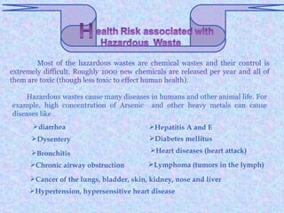 Most of the hazardous wastes are chemical wastes and their control is
extremely difficult. Roughly 1000 new chemicals are released per year and all of
them are toxic (though less toxic to effect human health).

    Hazardous wastes cause many diseases in humans and other animal life. For
example, high concentration of Arsenic and other heavy metals can cause
diseases like
       diarrhea                          Hepatitis A and E
      Dysentery                          Diabetes mellitus

      Bronchitis                          Heart diseases (heart attack)

      Chronic airway obstruction         Lymphoma (tumors in the lymph)

      Cancer of the lungs, bladder, skin, kidney, nose and liver
      Hypertension, hypersensitive heart disease
 