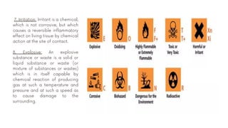 7. Irritation: Irritant is a chemical,
which is not corrosive, but which
causes a reversible inflammatory
effect on living tissue by chemical
action at the site of contact.
8. Explosive: An explosive
substance or waste is a solid or
liquid substance or waste (or
mixture of substances or wastes)
which is in itself capable by
chemical reaction of producing
gas at such a temperature and
pressure and at such a speed as
to cause damage to the
surrounding.
 