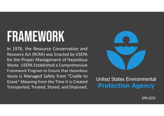 In 1976, the Resource Conservation and
Recovery Act (RCRA) was Enacted by USEPA
for the Proper Management of Hazardous
Waste. USEPA Established a Comprehensive
Framework Program to Ensure that Hazardous
Waste is Managed Safely from “Cradle to
Grave” Meaning from the Time it is Created
Transported, Treated, Stored, and Disposed.
EPA.GOV
United States Environmental
Protection Agency
 