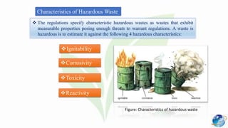 Characteristics of Hazardous Waste
 The regulations specify characteristic hazardous wastes as wastes that exhibit
measurable properties posing enough threats to warrant regulations. A waste is
hazardous is to estimate it against the following 4 hazardous characteristics:
Ignitability
Corrosivity
Toxicity
Reactivity
Figure: Characteristics of hazardous waste
 