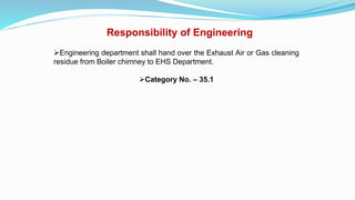 Responsibility of Engineering
Engineering department shall hand over the Exhaust Air or Gas cleaning
residue from Boiler chimney to EHS Department.
Category No. – 35.1
 