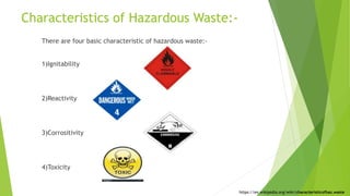 Characteristics of Hazardous Waste:-
There are four basic characteristic of hazardous waste:-
1)Ignitability
2)Reactivity
3)Corrositivity
4)Toxicity
https://en.wikipedia.org/wiki/characteristicofhaz.waste
 