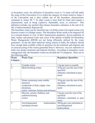 16 
on hazardous waste, the definition of hazardous waste is “A waste will fall under 
the scope of the Convention if it is within the category of wastes listed in Annex I 
of the Convention and it does exhibit one of the hazardous characteristics 
contained in Annex III [1]. In other words it must both be listed and contain a 
characteristic such as being explosive, flammable, toxic, or corrosive.” This 
definition includes any product that releases hazardous substance at the end of its 
life, if indiscriminately disposed off. 
The hazardous waste can be classified into- (i) Solid wastes (ii) Liquid wastes (iii) 
Gaseous wastes (iv) Sludge wastes. The Hazardous Waste needs to be disposed off 
in a secured manner in view of their characteristic properties. Severe pollution of 
land, surface and ground water may occur if the options available for Hazardous 
Waste Management (HWM) are not being efficiently utilized by the waste 
generators. As per the ideal industrial sitting criteria in India, the industry should 
have enough land available within its premises for the treatment and disposal and 
or reuse/recycling of the wastes generated from it. However, very few industries in 
India own proper treatment and disposal facilities. According to hazardous waste 
management rule, the hazardous wastes are divided into 18 categories. These are in 
the following table: 
Waste 
Waste Type Regulatory Quantities 
Category 
1 Cyanide wastes 1 kg per year as cyanide 
2 Metal finishing wastes 10 kg per year the sum of the 
specified 
substance calculated as pure 
metal 
3 Waste containing water soluble 
chemical 
compounds of lead, copper, zinc, 
chromium, 
nickel, selenium, barium and antimony 
10 kg per year the sum of the 
specified 
substance calculated as pure 
metal 
4 Mercury, arsenic, thallium, and 
cadmium bearing 
wastes 
5 kg per year the sum of the 
specified 
substance calculated as pure 
metal 
5 Non-halogenated hydrocarbons 
including solvents 
200 kg per year calculated as 
non-halogenated 
hydrocarbons 
 