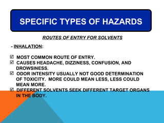 ROUTES OF ENTRY FOR SOLVENTS
- INHALATION:
 MOST COMMON ROUTE OF ENTRY.
 CAUSES HEADACHE, DIZZINESS, CONFUSION, AND
DROWSINESS.
 ODOR INTENSITY USUALLY NOT GOOD DETERMINATION
OF TOXICITY. MORE COULD MEAN LESS, LESS COULD
MEAN MORE.
 DIFFERENT SOLVENTS SEEK DIFFERENT TARGET ORGANS
IN THE BODY.
SPECIFIC TYPES OF HAZARDS
 