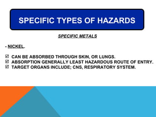 - NICKEL.
 CAN BE ABSORBED THROUGH SKIN, OR LUNGS.
 ABSORPTION GENERALLY LEAST HAZARDOUS ROUTE OF ENTRY.
 TARGET ORGANS INCLUDE; CNS, RESPIRATORY SYSTEM.
SPECIFIC TYPES OF HAZARDS
SPECIFIC METALS
 