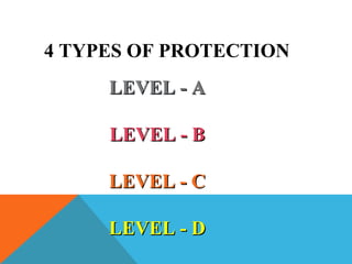 4 TYPES OF PROTECTION
LEVEL - ALEVEL - A
LEVEL - BLEVEL - B
LEVEL - CLEVEL - C
LEVEL - DLEVEL - D
 