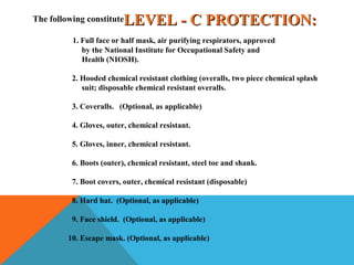 The following constitute
1. Full face or half mask, air purifying respirators, approved
by the National Institute for Occupational Safety and
Health (NIOSH).
2. Hooded chemical resistant clothing (overalls, two piece chemical splash
suit; disposable chemical resistant overalls.
3. Coveralls. (Optional, as applicable)
4. Gloves, outer, chemical resistant.
5. Gloves, inner, chemical resistant.
6. Boots (outer), chemical resistant, steel toe and shank.
7. Boot covers, outer, chemical resistant (disposable)
8. Hard hat. (Optional, as applicable)
9. Face shield. (Optional, as applicable)
10. Escape mask. (Optional, as applicable)
LEVEL - C PROTECTION:LEVEL - C PROTECTION:
 