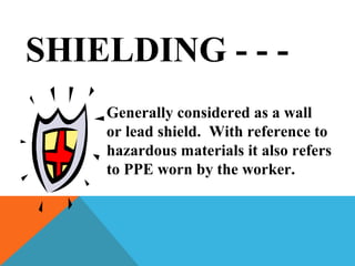 SHIELDING - - -
Generally considered as a wall
or lead shield. With reference to
hazardous materials it also refers
to PPE worn by the worker.
 