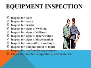 EQUIPMENT INSPECTION
 Inspect for tears
 Inspect for seams
 Inspect for cracks
 Inspect for signs of swelling
 Inspect for signs of stiffness
 Inspect for signs of deterioration
 Inspect for signs of discoloration
 Inspect for non-uniform coatings
 Inspect for pinholes (hold to light)
 Inspect for malfunctioning closures
 Check clothing for compatibility with material.
 