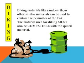 D
I
K
I
N
G
Diking materials like sand, earth, or
other similar materials can be used to
contain the perimeter of the leak.
The material used for diking MUST
also be COMPATIBLE with the spilled
material.
 