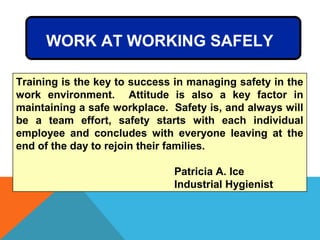 WORK AT WORKING SAFELY
Training is the key to success in managing safety in the
work environment. Attitude is also a key factor in
maintaining a safe workplace. Safety is, and always will
be a team effort, safety starts with each individual
employee and concludes with everyone leaving at the
end of the day to rejoin their families.
Patricia A. Ice
Industrial Hygienist
 