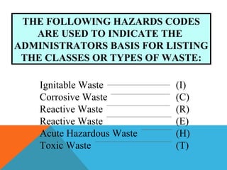Ignitable Waste (I)
Corrosive Waste (C)
Reactive Waste (R)
Reactive Waste (E)
Acute Hazardous Waste (H)
Toxic Waste (T)
THE FOLLOWING HAZARDS CODES
ARE USED TO INDICATE THE
ADMINISTRATORS BASIS FOR LISTING
THE CLASSES OR TYPES OF WASTE:
 