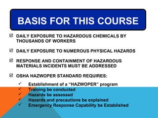 BASIS FOR THIS COURSE
 DAILY EXPOSURE TO HAZARDOUS CHEMICALS BY
THOUSANDS OF WORKERS
 DAILY EXPOSURE TO NUMEROUS PHYSICAL HAZARDS
 RESPONSE AND CONTAINMENT OF HAZARDOUS
MATERIALS INCIDENTS MUST BE ADDRESSED
 OSHA HAZWOPER STANDARD REQUIRES:
 Establishment of a “HAZWOPER” program
 Training be conducted
 Hazards be assessed
 Hazards and precautions be explained
 Emergency Response Capability be Established
 