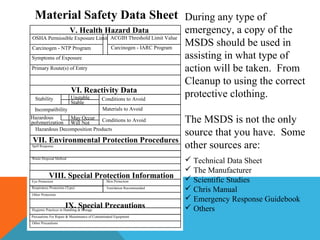 Material Safety Data Sheet
OSHA Permissible Exposure Limit
Carcinogen - NTP Program
Symptoms of Exposure
Primary Route(s) of Entry
ACGIH Threshold Limit Value
Carcinogen - IARC Program
V. Health Hazard Data
VI. Reactivity Data
Stability Conditions to Avoid
Spill Response
Waste Disposal Method
VII. Environmental Protection Procedures
Eye Protection
Respiratory Protection (Type)
Precautions For Repair & Maintenance of Contaminated Equipment
Other Precautions
Skin Protection
VIII. Special Protection Information
Other Protection
Ventilation Recommended
Unstable
Stable
Materials to Avoid
Conditions to AvoidHazardous
polymerization
May Occur
Will Not
Incompatibility
Hazardous Decomposition Products
Hygienic Practices in Handling & Storage
IX. Special Precautions
During any type of
emergency, a copy of the
MSDS should be used in
assisting in what type of
action will be taken. From
Cleanup to using the correct
protective clothing.
The MSDS is not the only
source that you have. Some
other sources are:
 Technical Data Sheet
 The Manufacturer
 Scientific Studies
 Chris Manual
 Emergency Response Guidebook
 Others
 