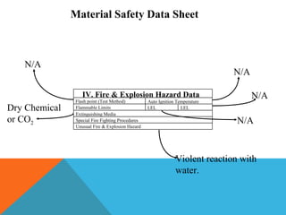 Flash point (Test Method)
Flammable Limits
Special Fire Fighting Procedures
Unusual Fire & Explosion Hazard
Auto Ignition Temperature
LEL
IV. Fire & Explosion Hazard Data
Extinguishing Media
LEL
Material Safety Data Sheet
N/A
Dry Chemical
or CO2
N/A
N/A
N/A
Violent reaction with
water.
 