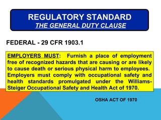 REGULATORY STANDARD
THE GENERAL DUTY CLAUSE
FEDERAL - 29 CFR 1903.1
EMPLOYERS MUST: Furnish a place of employment
free of recognized hazards that are causing or are likely
to cause death or serious physical harm to employees.
Employers must comply with occupational safety and
health standards promulgated under the Williams-
Steiger Occupational Safety and Health Act of 1970.
OSHA ACT OF 1970
 
