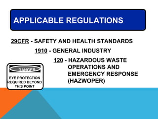 29CFR - SAFETY AND HEALTH STANDARDS
1910 - GENERAL INDUSTRY
120 - HAZARDOUS WASTE
OPERATIONS AND
EMERGENCY RESPONSE
(HAZWOPER)
DANGER
EYE PROTECTION
REQUIRED BEYOND
THIS POINT
APPLICABLE REGULATIONS
 