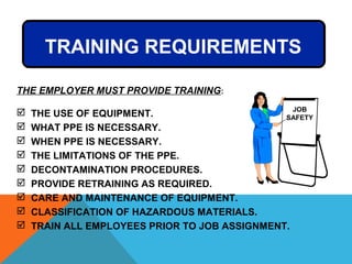 TRAINING REQUIREMENTS
THE EMPLOYER MUST PROVIDE TRAINING:
 THE USE OF EQUIPMENT.
 WHAT PPE IS NECESSARY.
 WHEN PPE IS NECESSARY.
 THE LIMITATIONS OF THE PPE.
 DECONTAMINATION PROCEDURES.
 PROVIDE RETRAINING AS REQUIRED.
 CARE AND MAINTENANCE OF EQUIPMENT.
 CLASSIFICATION OF HAZARDOUS MATERIALS.
 TRAIN ALL EMPLOYEES PRIOR TO JOB ASSIGNMENT.
JOB
SAFETY
 