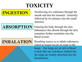 TOXICITY
INGESTION
ABSORPTION
INHALATION
Swallowing of a substance through the
mouth and into the stomach. Generally
followed by its entrance into the small
intestine.
Entering the body through the skin.
Substances that absorb through the skin
sometime further assimilate into the
blood system.
Breathing causes us to inhale substances
which in return travels en route to the
lungs. Our lungs are so rich in blood
vessels that any substance inhaled into
the lungs are readily absorbed into the
bloodstream.
 