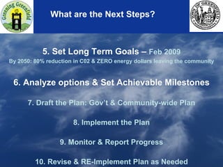 What are the Next Steps? 5. Set Long Term Goals –  Feb 2009 By 2050: 80% reduction in C02 & ZERO energy dollars leaving the community 6. Analyze options & Set Achievable Milestones 7. Draft the Plan: Gov’t & Community-wide Plan 8. Implement the Plan 9. Monitor & Report Progress 10. Revise & RE-Implement Plan as Needed 