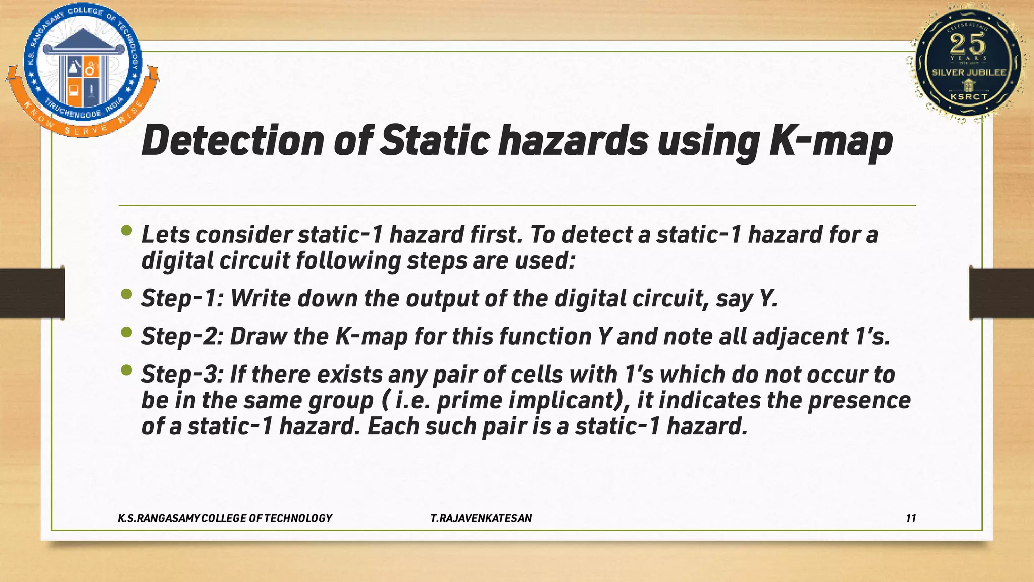 Detection of Static hazards using K-map
•
•
•
•
Lets consider static-1 hazard ﬁrst. To detect a static-1 hazard for a
digital circuit following steps are used:
Step-1: Write down the output of the digital circuit, say Y.
Step-2: Draw the K-map for this function Y and note all adjacent 1’s.
Step-3: If there exists any pair of cells with 1’s which do not occur to
be in the same group ( i.e. prime implicant), it indicates the presence
of a static-1 hazard. Each such pair is a static-1 hazard.
K.S.RANGASAMY COLLEGE OF TECHNOLOGY T.RAJAVENKATESAN 11
 
