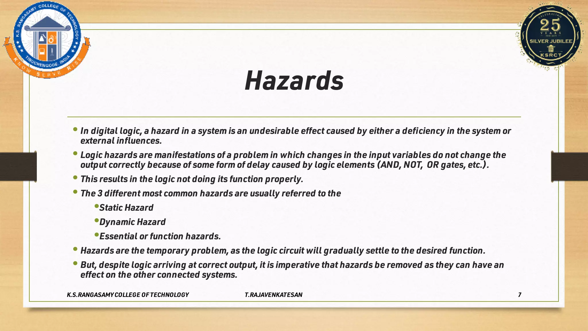 Hazards
•
•
•
•
•
•
•
•
•
In digital logic, a hazard in a system is an undesirable eﬀect caused by either a deﬁciency in the system or
external inﬂuences.
Logic hazards are manifestations of a problem in which changes in the input variables do not change the
output correctly because of some form of delay caused by logic elements (AND, NOT, OR gates, etc.).
This results in the logic not doing its function properly.
The 3 diﬀerent most common hazards are usually referred to the
Static Hazard
Dynamic Hazard
Essential or function hazards.
Hazards are the temporary problem, as the logic circuit will gradually settle to the desired function.
But, despite logic arriving at correct output, it is imperative that hazards be removed as they can have an
eﬀect on the other connected systems.
K.S.RANGASAMY COLLEGE OF TECHNOLOGY T.RAJAVENKATESAN 7
 
