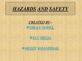 HAZARDS AND SAFETY
CREATED BY:-
NIRAV GOHEL
JAY DESAI
MOXIT KHANDHAR
 