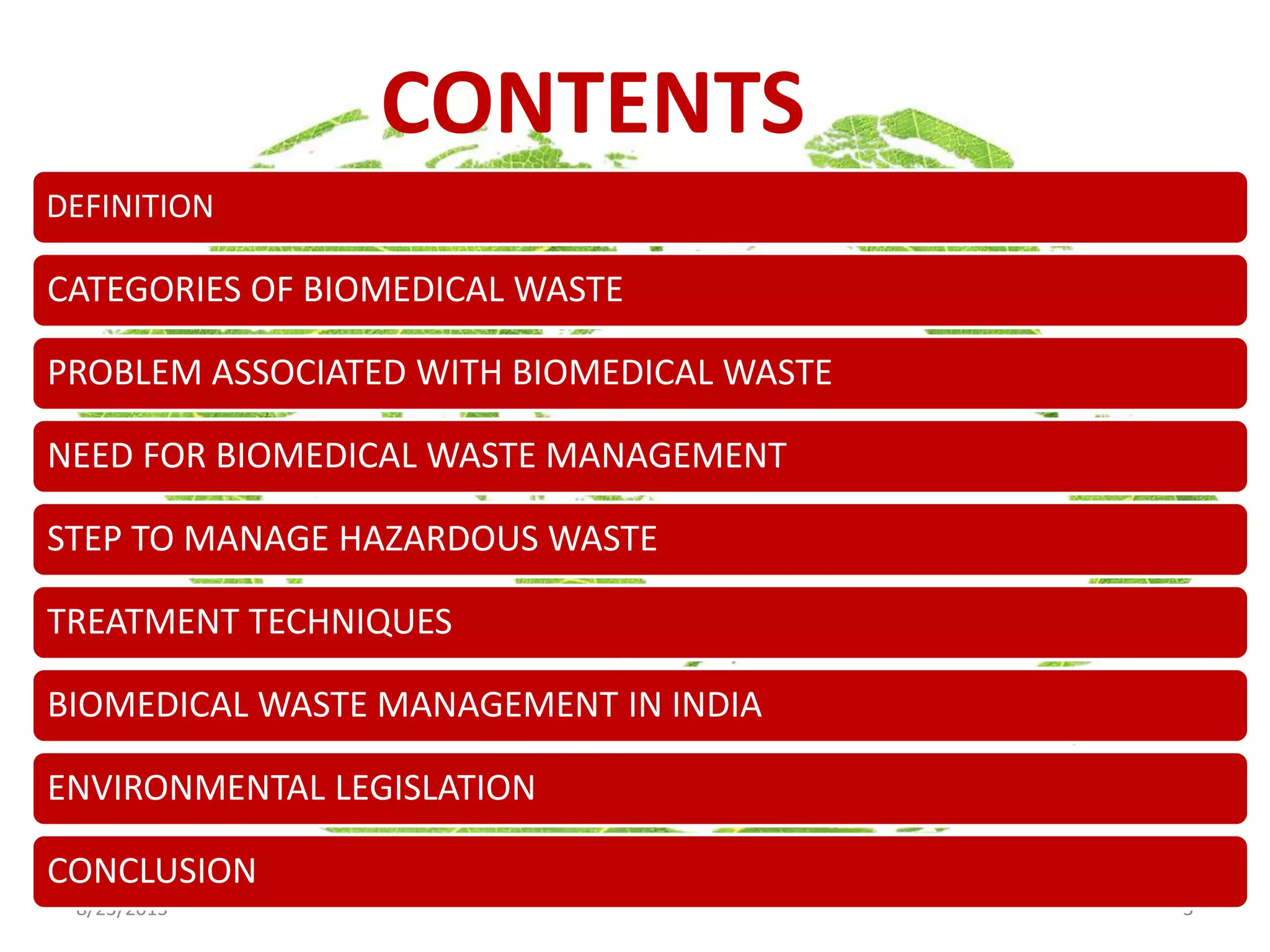 8/23/2013 3
DEFINITION
CATEGORIES OF BIOMEDICAL WASTE
PROBLEM ASSOCIATED WITH BIOMEDICAL WASTE
NEED FOR BIOMEDICAL WASTE MANAGEMENT
STEP TO MANAGE HAZARDOUS WASTE
TREATMENT TECHNIQUES
BIOMEDICAL WASTE MANAGEMENT IN INDIA
ENVIRONMENTAL LEGISLATION
CONCLUSION
CONTENTS
 
