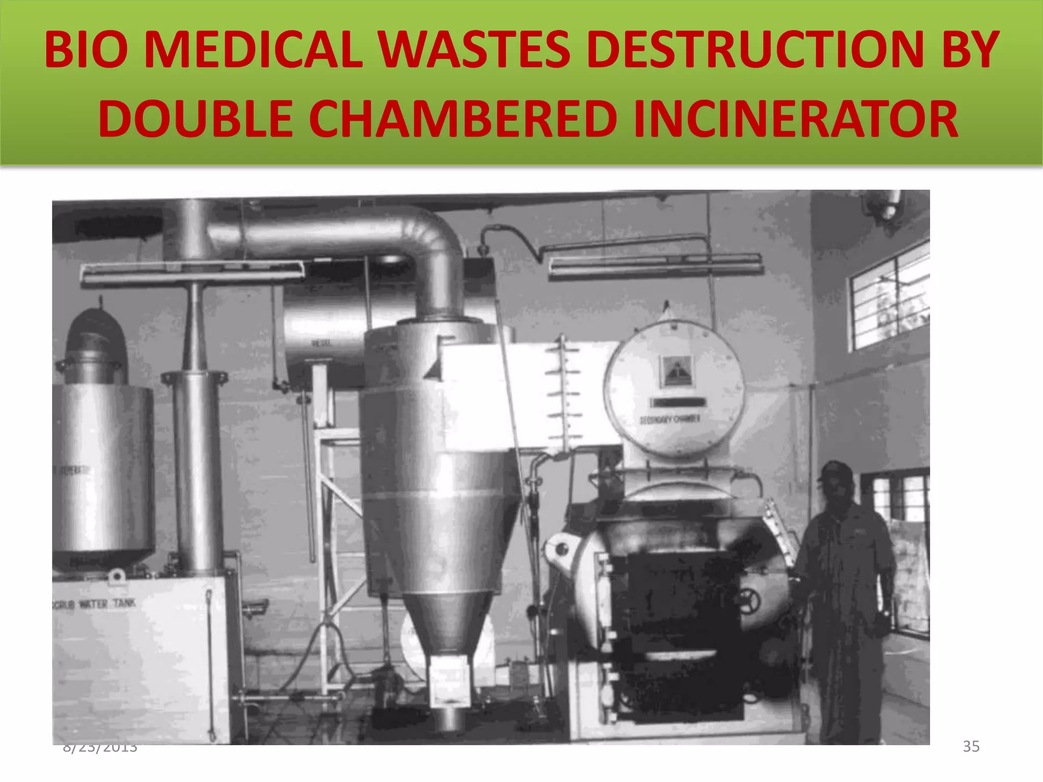 BIO MEDICAL WASTES DESTRUCTION BY
DOUBLE CHAMBERED INCINERATOR
8/23/2013 35
 
