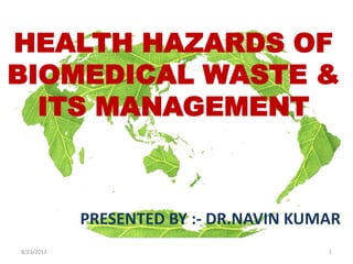 8/23/2013 1
HEALTH HAZARDS OF
BIOMEDICAL WASTE &
ITS MANAGEMENT
PRESENTED BY :- DR.NAVIN KUMAR
 