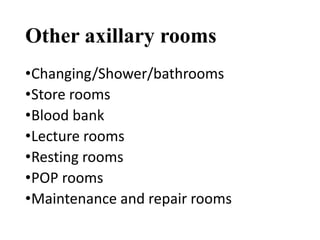 Other axillary rooms
•Changing/Shower/bathrooms
•Store rooms
•Blood bank
•Lecture rooms
•Resting rooms
•POP rooms
•Maintenance and repair rooms
 