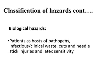 Classification of hazards cont….
Biological hazards:
•Patients as hosts of pathogens,
infectious/clinical waste, cuts and needle
stick injuries and latex sensitivity
 