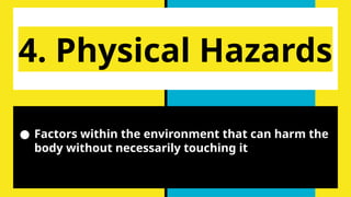 4. Physical Hazards
● Factors within the environment that can harm the
body without necessarily touching it
