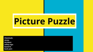 Picture Puzzle
Chemicals
stress
Accident
safety sign
bacteria
back pain