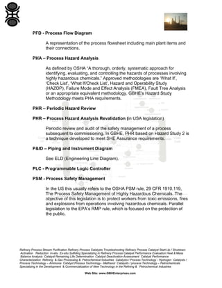 Refinery Process Stream Purification Refinery Process Catalysts Troubleshooting Refinery Process Catalyst Start-Up / Shutdown
Activation Reduction In-situ Ex-situ Sulfiding Specializing in Refinery Process Catalyst Performance Evaluation Heat & Mass
Balance Analysis Catalyst Remaining Life Determination Catalyst Deactivation Assessment Catalyst Performance
Characterization Refining & Gas Processing & Petrochemical Industries Catalysts / Process Technology - Hydrogen Catalysts /
Process Technology – Ammonia Catalyst Process Technology - Methanol Catalysts / process Technology – Petrochemicals
Specializing in the Development & Commercialization of New Technology in the Refining & Petrochemical Industries
Web Site: www.GBHEnterprises.com
PFD - Process Flow Diagram
A representation of the process flowsheet including main plant items and
their connections.
PHA – Process Hazard Analysis
As defined by OSHA “A thorough, orderly, systematic approach for
identifying, evaluating, and controlling the hazards of processes involving
highly hazardous chemicals.” Approved methodologies are ‘What If’,
‘Check List’, ‘What If/Check List’, Hazard and Operability Study
(HAZOP), Failure Mode and Effect Analysis (FMEA), Fault Tree Analysis
or an appropriate equivalent methodology. GBHE’s Hazard Study
Methodology meets PHA requirements.
PHR – Periodic Hazard Review
PHR – Process Hazard Analysis Revalidation (in USA legislation)
Periodic review and audit of the safety management of a process
subsequent to commissioning. In GBHE, PHR based on Hazard Study 2 is
a technique developed to meet SHE Assurance requirements.
P&ID – Piping and Instrument Diagram
See ELD (Engineering Line Diagram).
PLC - Programmable Logic Controller
PSM - Process Safety Management
In the US this usually refers to the OSHA PSM rule, 29 CFR 1910.119,
The Process Safety Management of Highly Hazardous Chemicals. The
objective of this legislation is to protect workers from toxic emissions, fires
and explosions from operations involving hazardous chemicals. Parallel
legislation to the EPA’s RMP rule, which is focused on the protection of
the public.
 