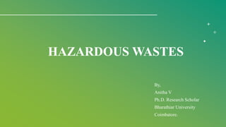 HAZARDOUS WASTES
By,
Anitha V
Ph.D. Research Scholar
Bharathiar University
Coimbatore.
 