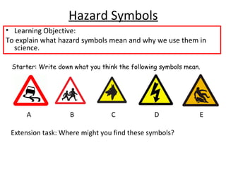 Hazard Symbols
• Learning Objective:
To explain what hazard symbols mean and why we use them in
science.
Starter: Write down what you think the following symbols mean.
A B C D E
Extension task: Where might you find these symbols?
 