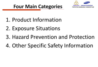 Four Main Categories
1. Product Information
2. Exposure Situations
3. Hazard Prevention and Protection
4. Other Specific Safety Information
 