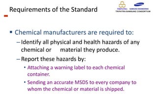 Requirements of the Standard
 Chemical manufacturers are required to:
–Identify all physical and health hazards of any
chemical or material they produce.
–Report these hazards by:
• Attaching a warning label to each chemical
container.
• Sending an accurate MSDS to every company to
whom the chemical or material is shipped.
 