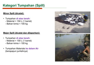 Kategori Tumpahan (Spill)
Minor Spill (dicatat):
• Tumpahan di atas tanah:
- Material < 150 L (1 barrel)
- Bahan kimia < 100 kg
Major Spill (dicatat dan dilaporkan):
• Tumpahan di atas tanah:
- Material > 150 L (1 barrel)
- Bahan kimia > 100 kg
• Tumpahan Materials ke dalam Air
(berapapun jumlahnya)
 