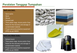 Peralatan Tanggap Tumpahan
Spill onto land :
• Sand sacks
• Sand,
• Shovel
• Sorbent pad
• Thick plastic bags, drums and/or Over
Packs for the recovery and storage of
contaminated material.
• Proper personal protective equipment
(PPE) as per MSDS
Spill onto Water body :
• Sorbent boom
• Thick plastic bags, drums and/or Over
Packs for the recovery and storage of
contaminated material.
• Proper personal protective equipment
(PPE) as per MSDS
 