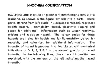HAZCHEM CODIFICATION
HAZCHEM Code is based on pictorial representations consist of a
diamond, as shown in the figure, divided into 4 parts. These
parts, starting from left block (in clockwise direction), represent
Health Hazard, Flammability Hazard, Reactivity Hazard and
Space for additional information such as water reactivity,
oxidant and radiation hazard. The colour codes for these
hazards are : blue for health, red for flammability, yellow for
reactivity and colourless for additional information. The
intensity of hazard is grouped into five classes with numerical
indications as 0, 1, 2, 3 & 4 in the ascending order of hazard
intensity. In the following lines, these hazard intensities are
explained, with the numeral on the left indicating the hazard
intensity.
 