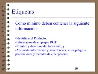 10
Etiquetas
Como mínimo deben contener la siguiente
información:
-Identificar el Producto,
-Información de empaque DOT,
-Nombre y dirección del fabricante, y
-Adecuada información y advertencias de los peligros,
precauciones y medidas de emergencias.
 