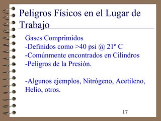 17
Peligros Físicos en el Lugar de
Trabajo
Gases Comprimidos
-Definidos como >40 psi @ 21º C
-Comúnmente encontrados en Cilindros
-Peligros de la Presión.
-Algunos ejemplos, Nitrógeno, Acetileno,
Helio, otros.
 