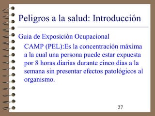 27
Peligros a la salud: Introducción
Guia de Exposición Ocupacional
CAMP (PEL):Es la concentración máxima
a la cual una persona puede estar expuesta
por 8 horas diarias durante cinco días a la
semana sin presentar efectos patológicos al
organismo.
 