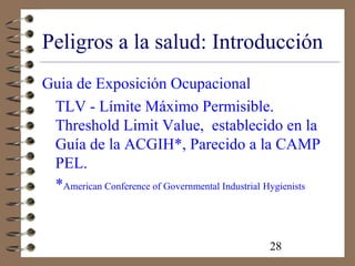 28
Peligros a la salud: Introducción
Guia de Exposición Ocupacional
TLV - Límite Máximo Permisible.
Threshold Limit Value, establecido en la
Guía de la ACGIH*, Parecido a la CAMP
PEL.
*American Conference of Governmental Industrial Hygienists
 