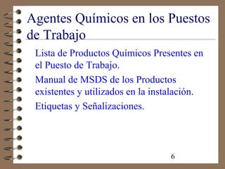 6
Agentes Químicos en los Puestos
de Trabajo
Lista de Productos Químicos Presentes en
el Puesto de Trabajo.
Manual de MSDS de los Productos
existentes y utilizados en la instalación.
Etiquetas y Señalizaciones.
 
