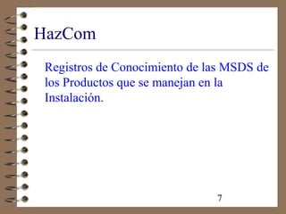7
HazCom
Registros de Conocimiento de las MSDS de
los Productos que se manejan en la
Instalación.
 