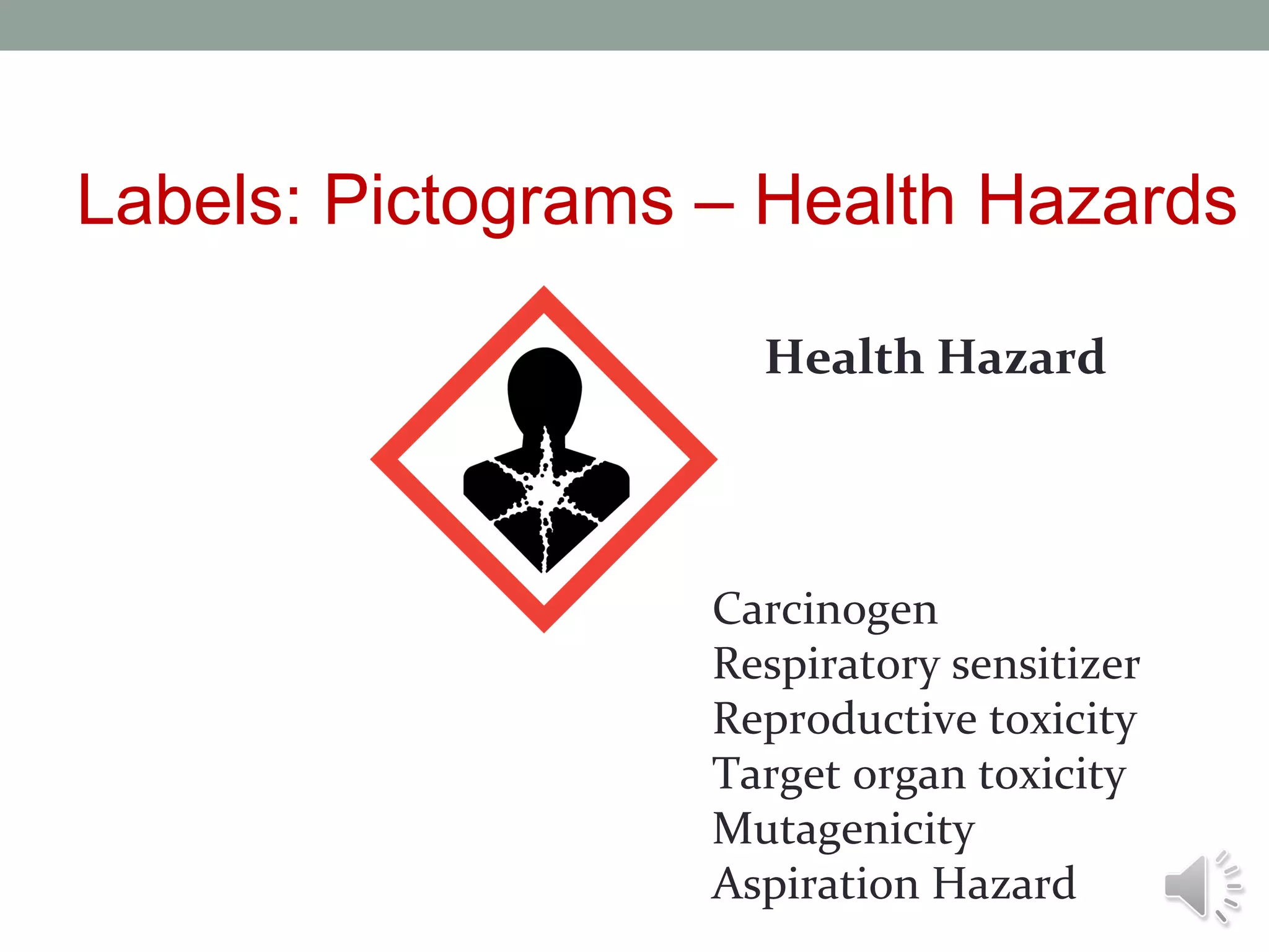 Labels: Pictograms – Health Hazards
Health Hazard

Carcinogen
Respiratory sensitizer
Reproductive toxicity
Target organ toxicity
Mutagenicity
Aspiration Hazard

 